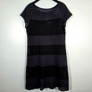 Weston Anthropology Navy Blue Black Stripe Crochet Lined Shift Dress Size Large